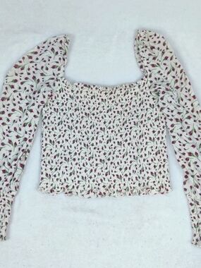 Reformation Cream Smocked Crop Top with Pink Floral Tulip Print Preowned